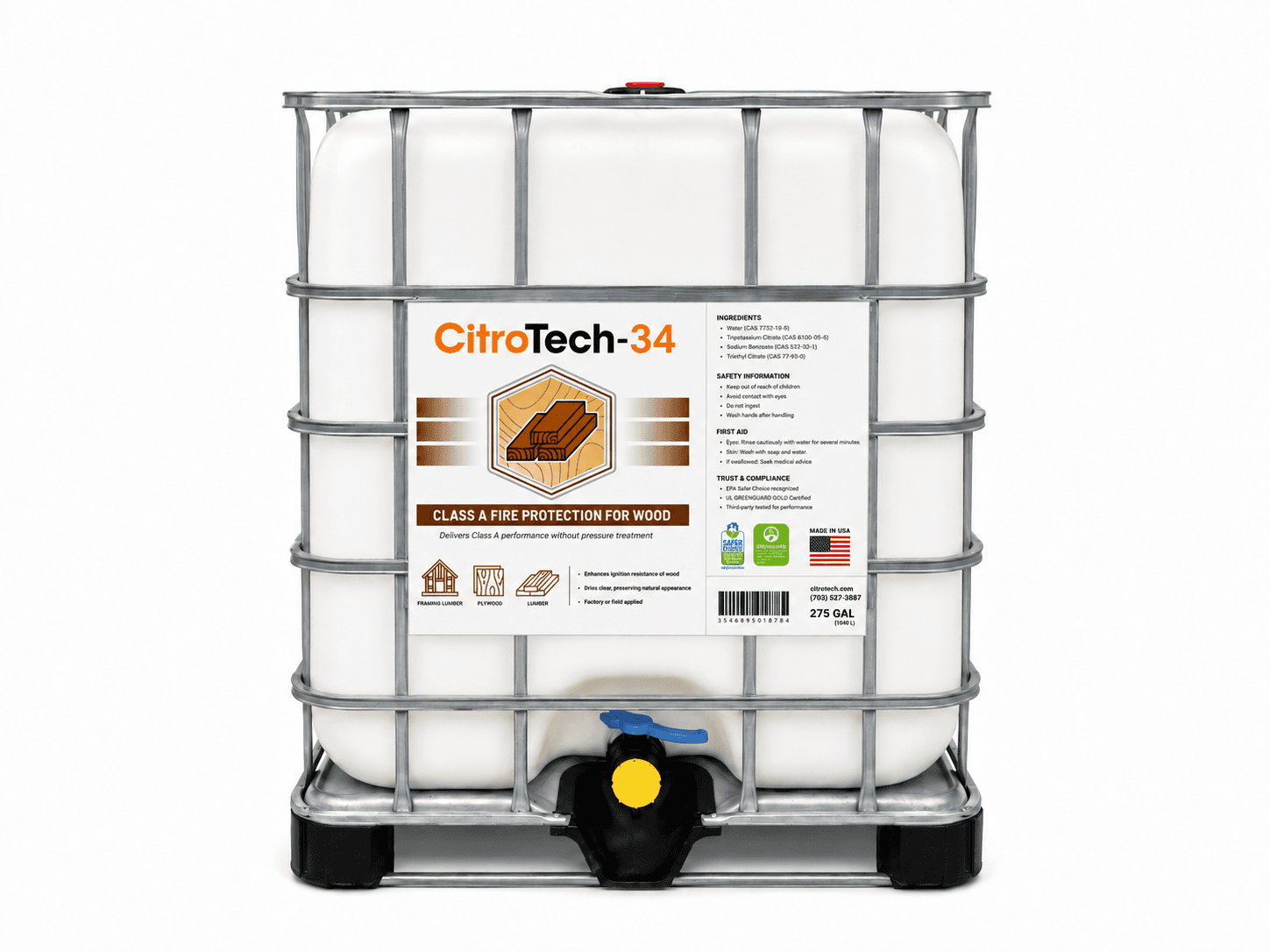 275-gallon tote of CitroTech-34 fire inhibitor for wood
