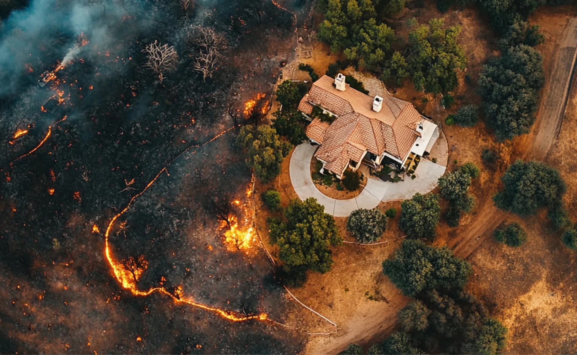 Aerial view of a home protected from encroaching wildfire