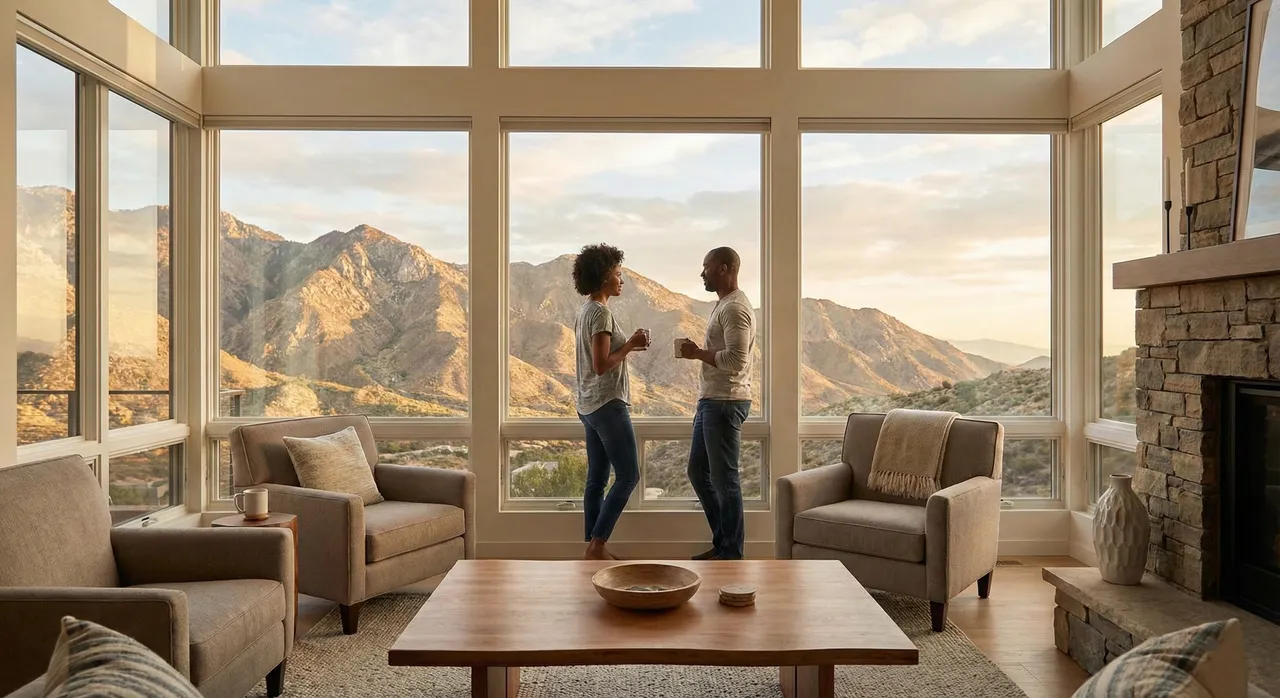 Homeowners looking out over a mountain view