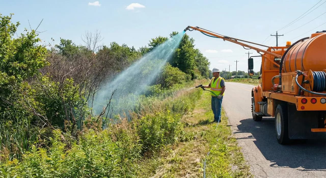 Ground crew treating roadside vegetation beneath a utility corridor