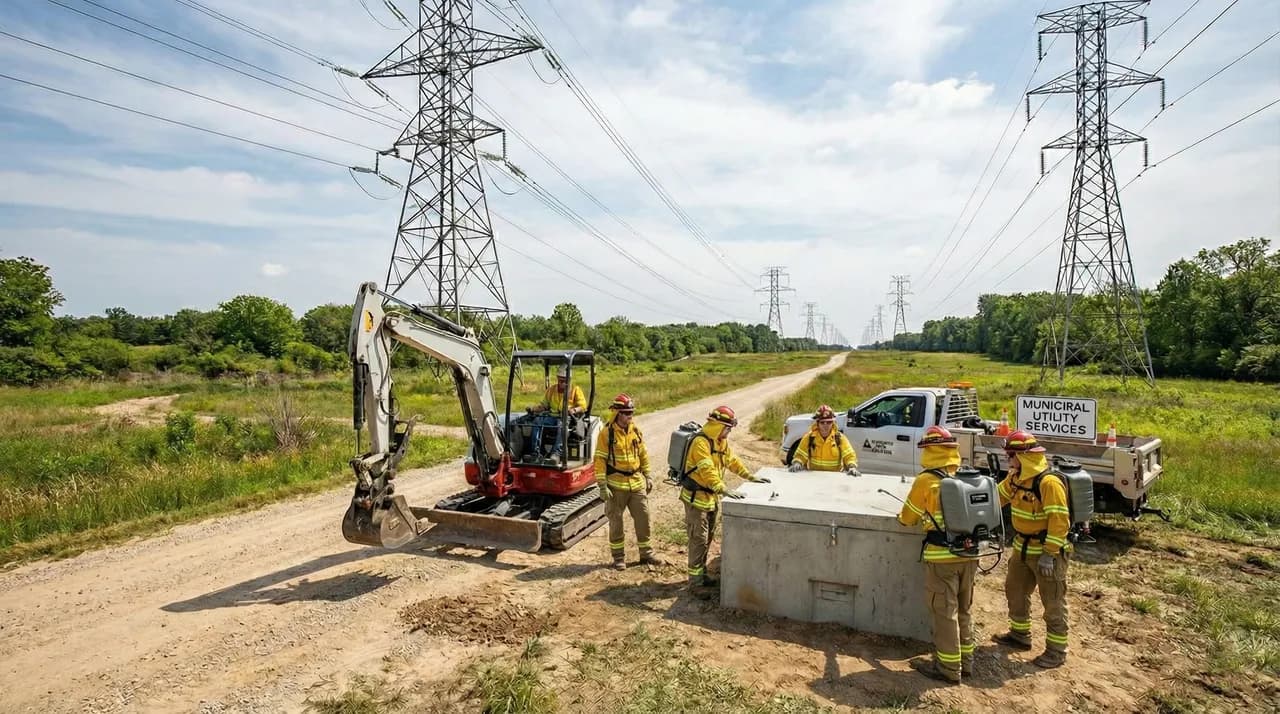 Field crew staging equipment along a utility right-of-way